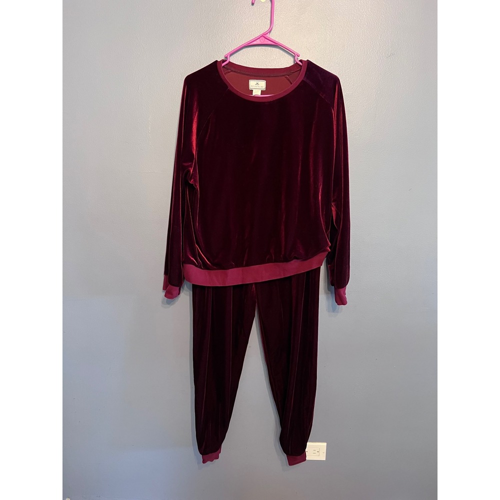 Women's Petite Plume Bordeaux Royal Garnet Velour Lounge Pajama Set Size XL
